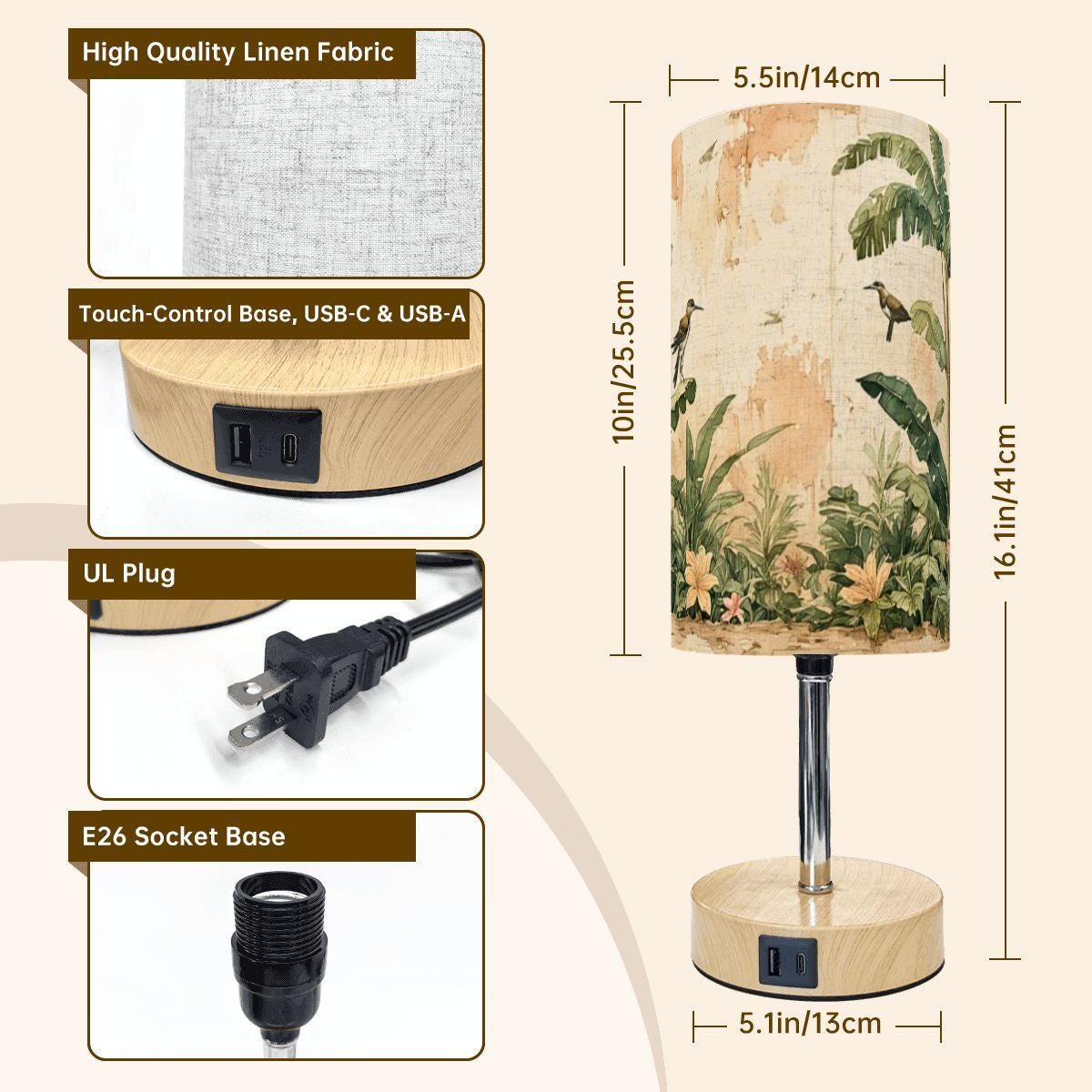 Tropical Touch Bedside Table Lamp with USB Charging Port - Modern Nightstand Light for Bedroom