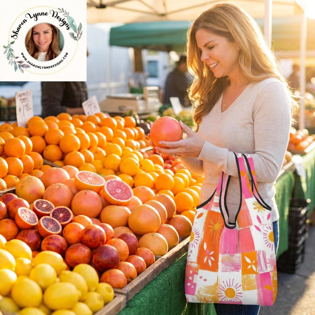 Pink Orange Folding Reusable Grocery Shopping Bags Compact Eco-Friendly Tote Storage