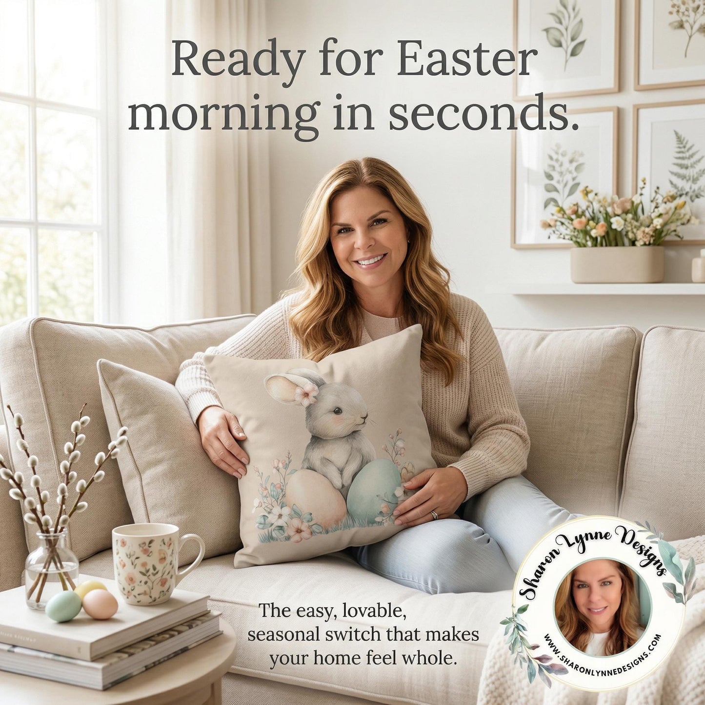 Pastel Easter Bunny Faux Suede Square Pillowcase | Easter Decor