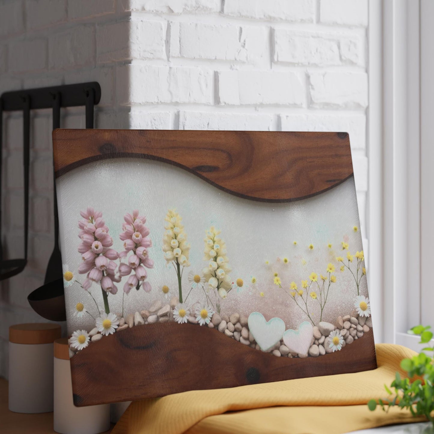 Pastel Wildflower Hearts Glass Cutting Board | Floral Kitchen Decor Gift for Mom Bridal Shower