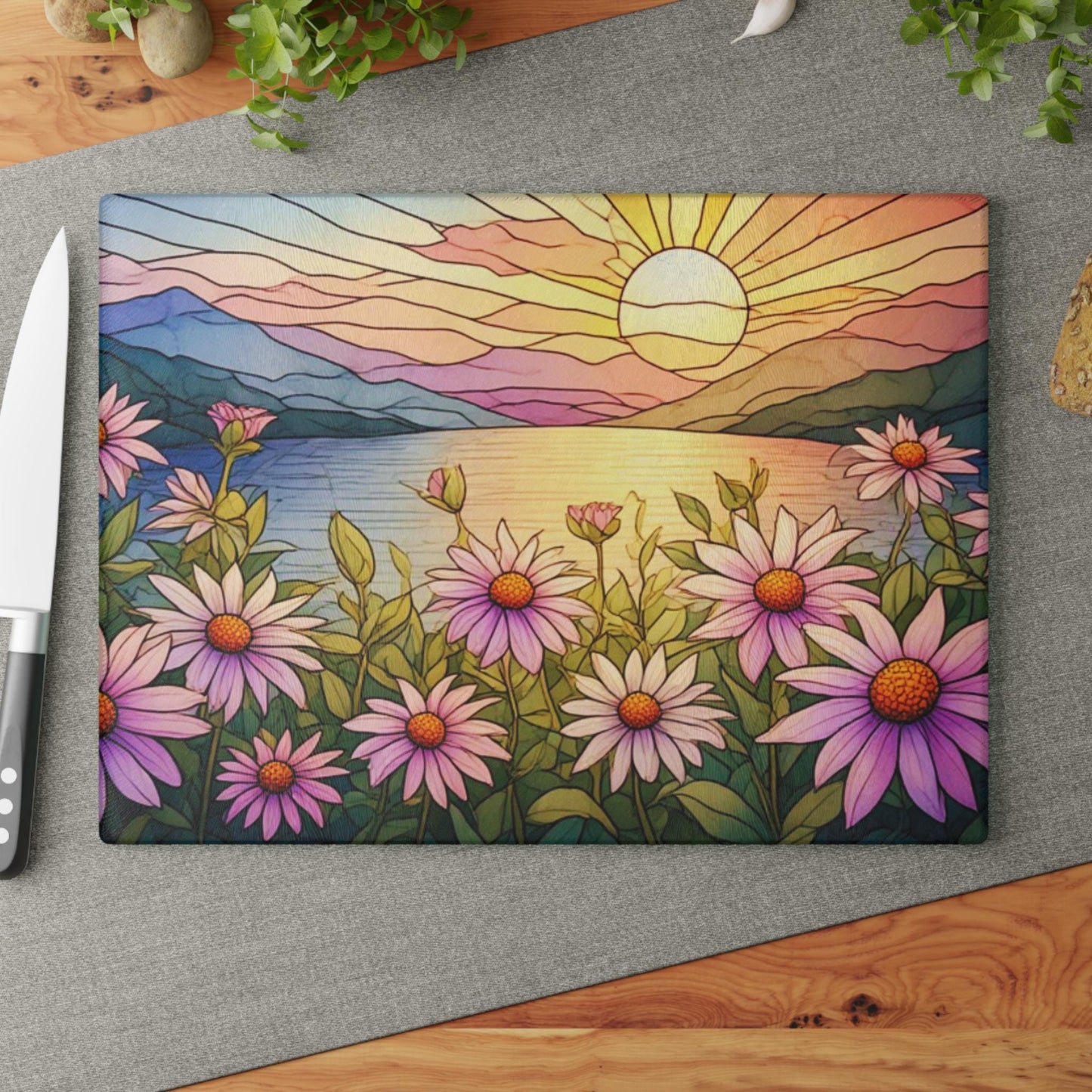 Sunrise Lake Wildflower Glass Cutting Board | Botanical Kitchen Decor Serving Tray Nature Art Gift