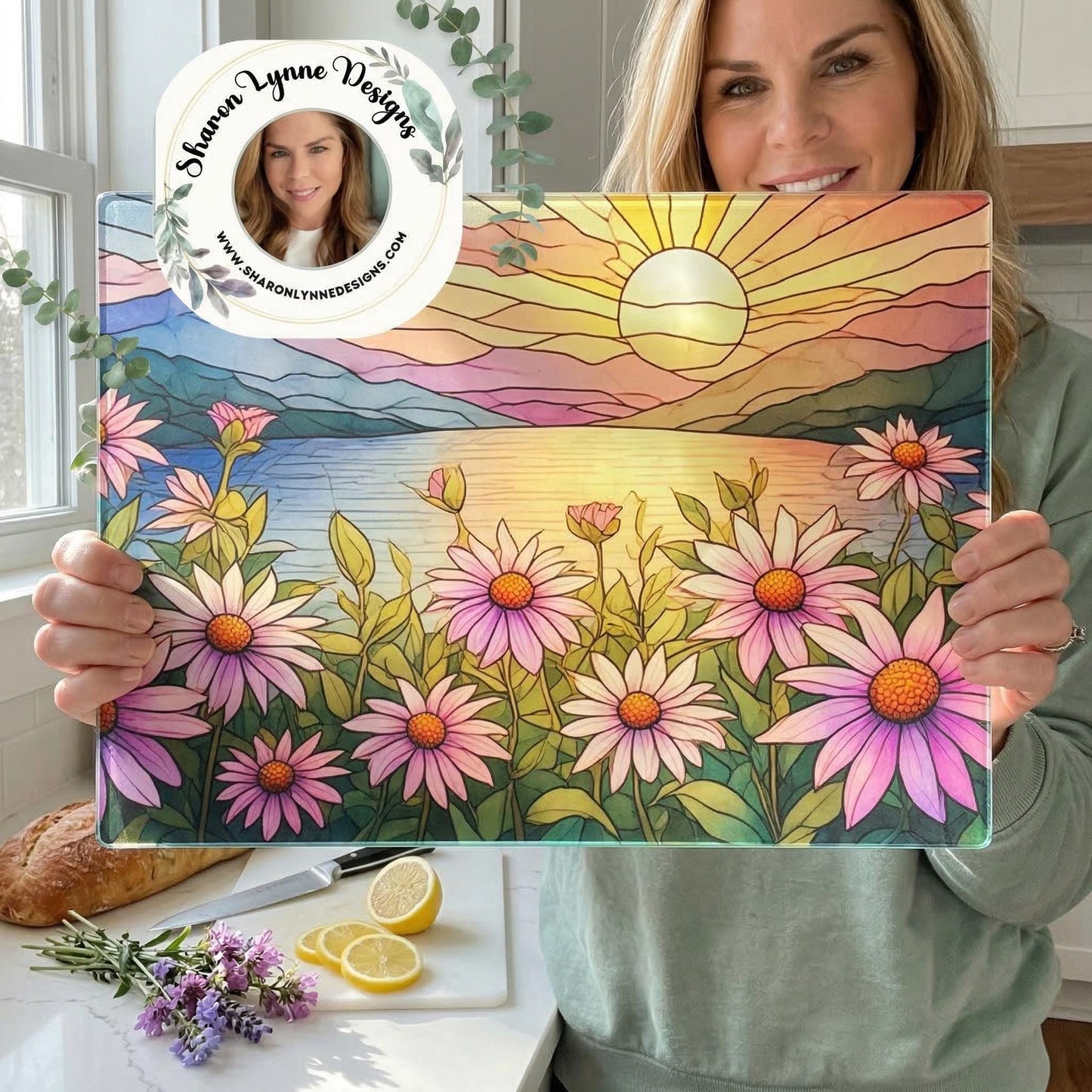 Sunrise Lake Wildflower Glass Cutting Board | Botanical Kitchen Decor Serving Tray Nature Art Gift