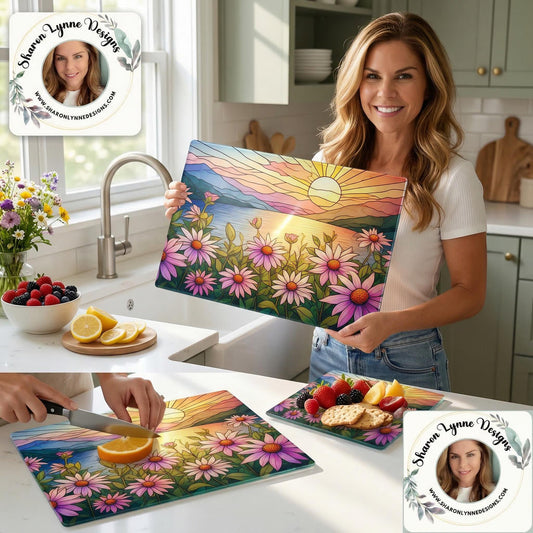 Sunrise Lake Wildflower Glass Cutting Board | Botanical Kitchen Decor Serving Tray Nature Art Gift