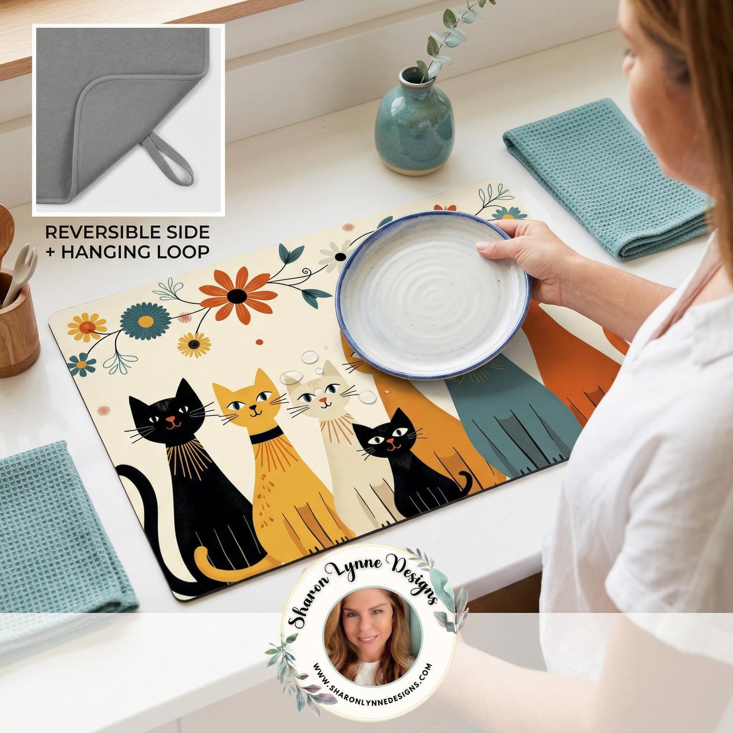 Retro Cat Large Dish Drying Mat - Kitchen Counter Water Absorbent Microfiber Protection Pad