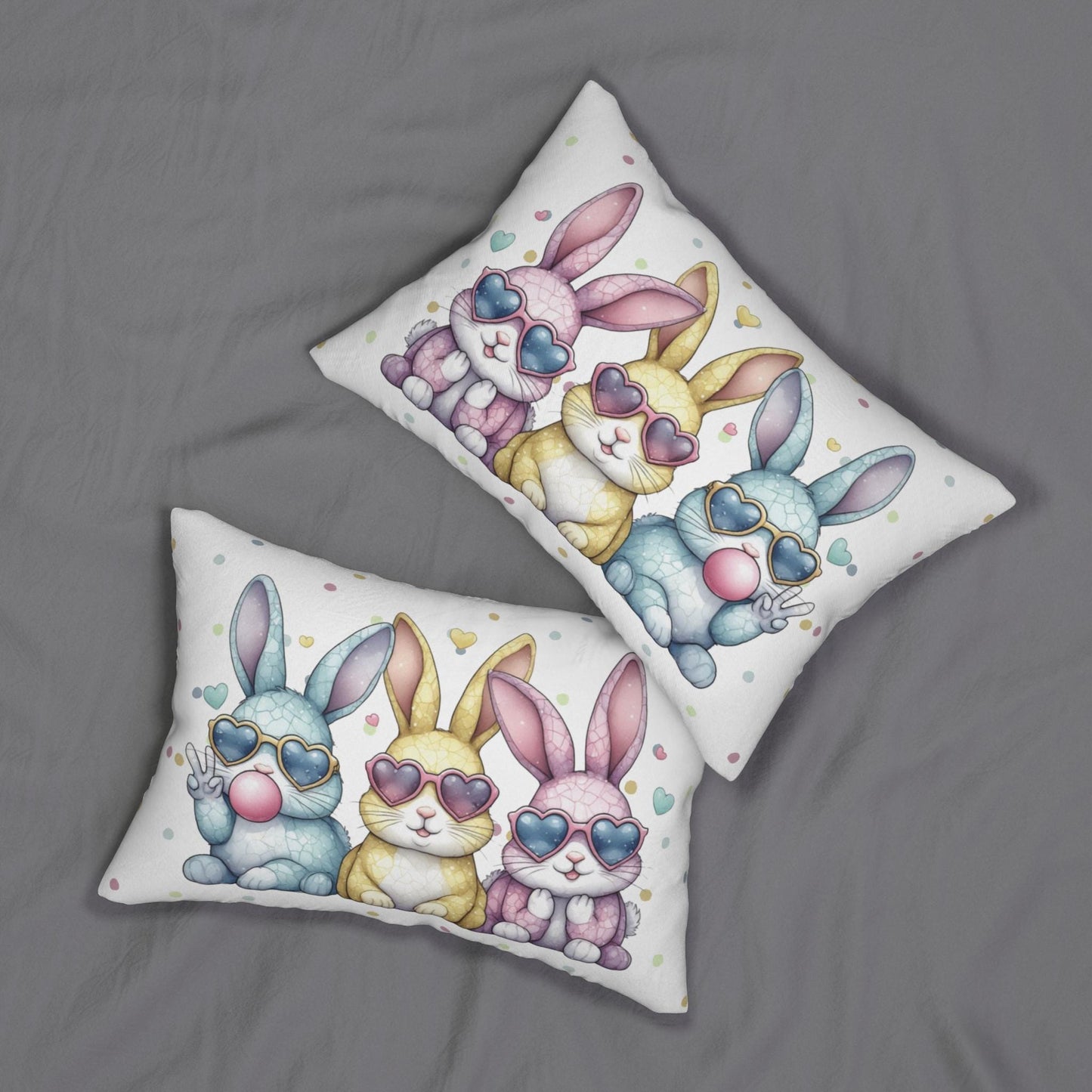 Pastel Bunny Trio Bunnies Heart Sunglasses Lumbar Pillow Easter Spring Decor