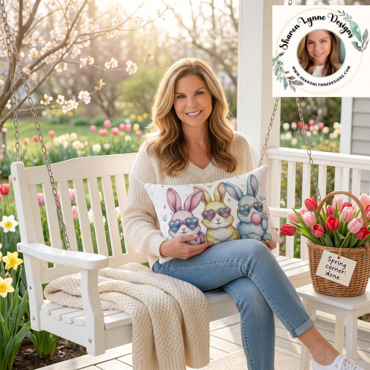 Pastel Bunny Trio Bunnies Heart Sunglasses Lumbar Pillow Easter Spring Decor