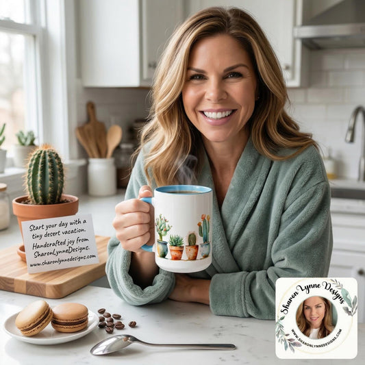 Ceramic Cactus Coffee Mug with Colorful Handle - Southwestern Kitchenware Gift for Plant Lovers