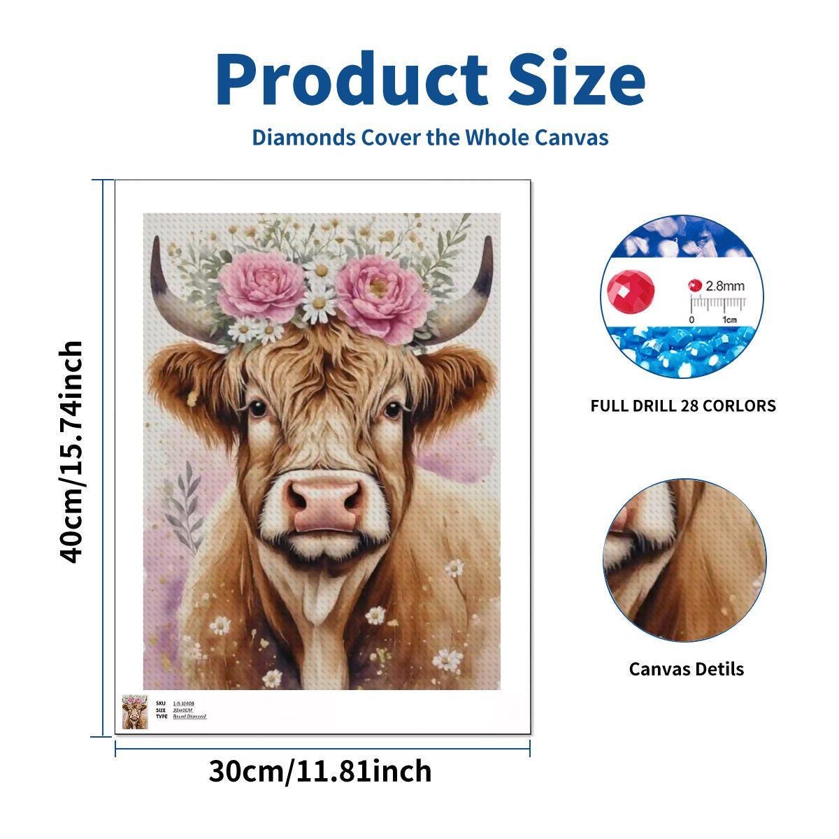 Highland Cow DIY Diamond Painting Kit No Frame - 5D Crystal Art Craft Project