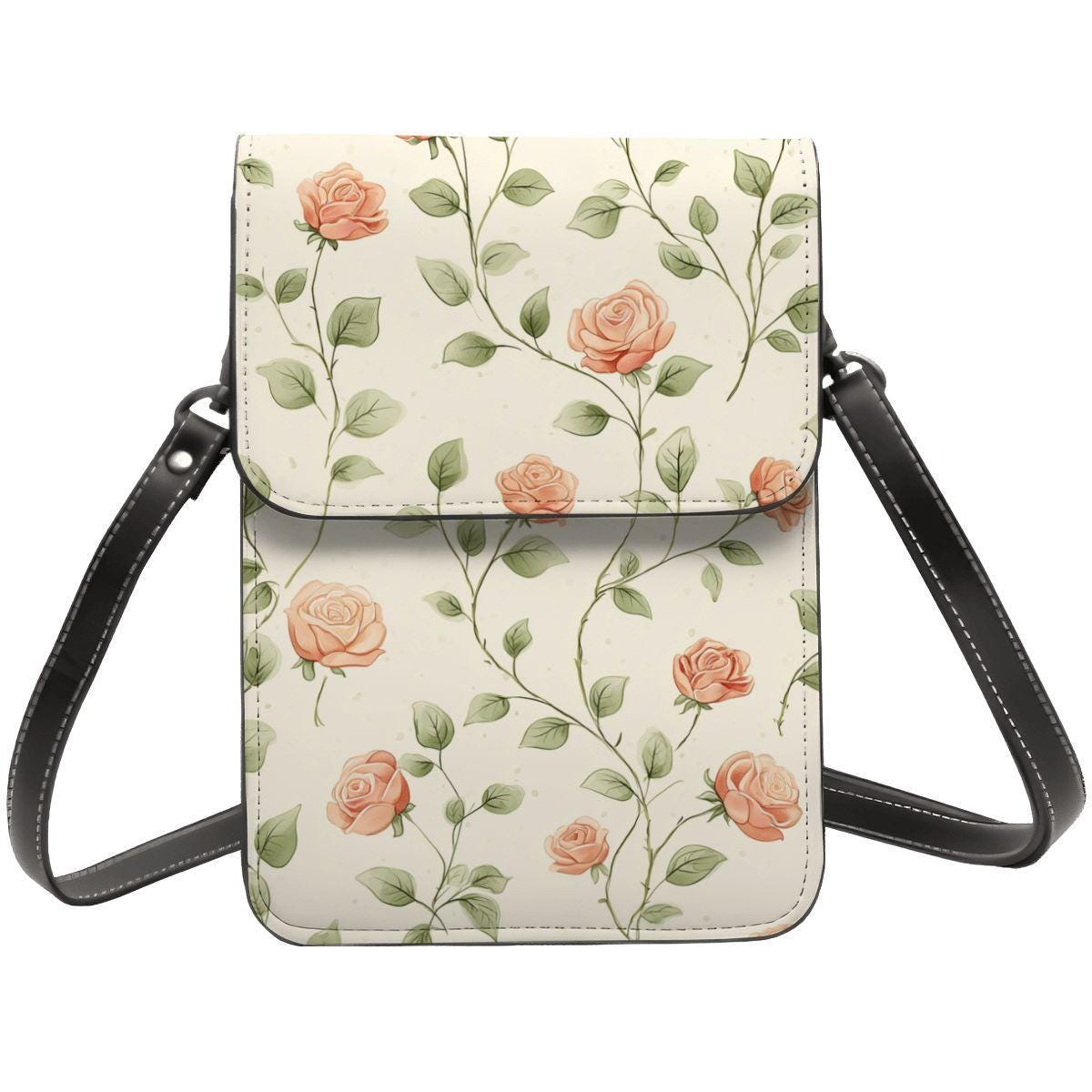 Roses Leather Cell Phone Crossbody Purse with Adjustable Shoulder Strap Small Handbag