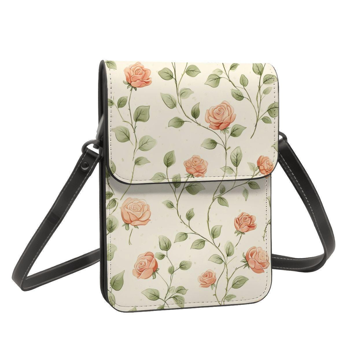 Roses Leather Cell Phone Crossbody Purse with Adjustable Shoulder Strap Small Handbag