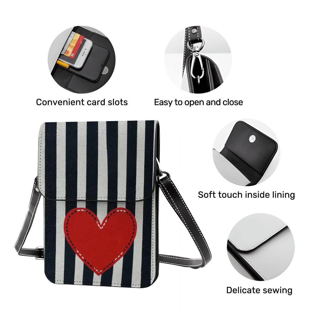 Heart Leather Cell Phone Crossbody Purse with Adjustable Shoulder Strap - Small Handbag for Women