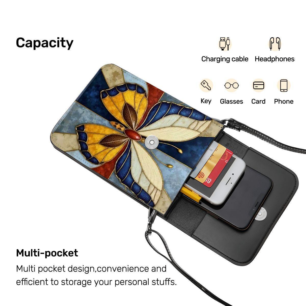 Blue Butterfly Leather Cell Phone Purse with Adjustable Strap (5.3" x 7.5")