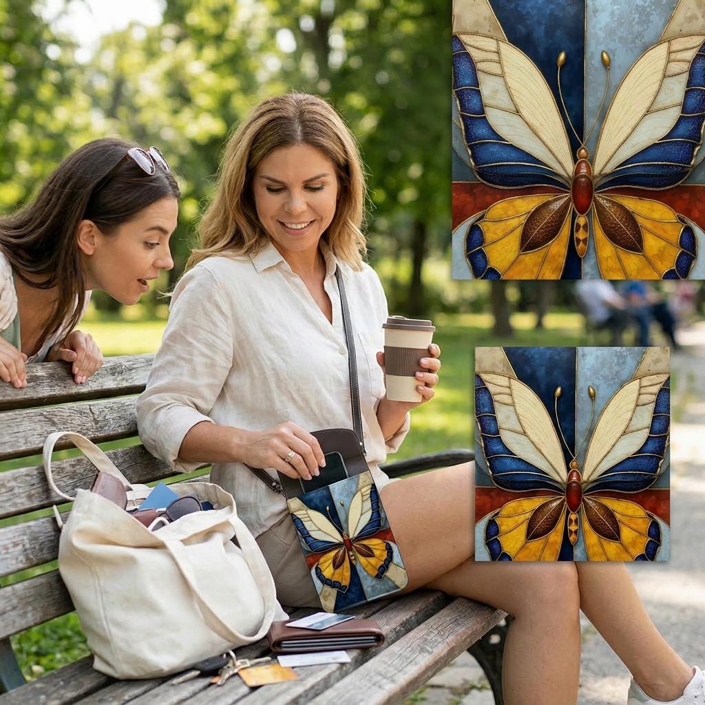 Blue Butterfly Leather Cell Phone Purse with Adjustable Strap (5.3" x 7.5")