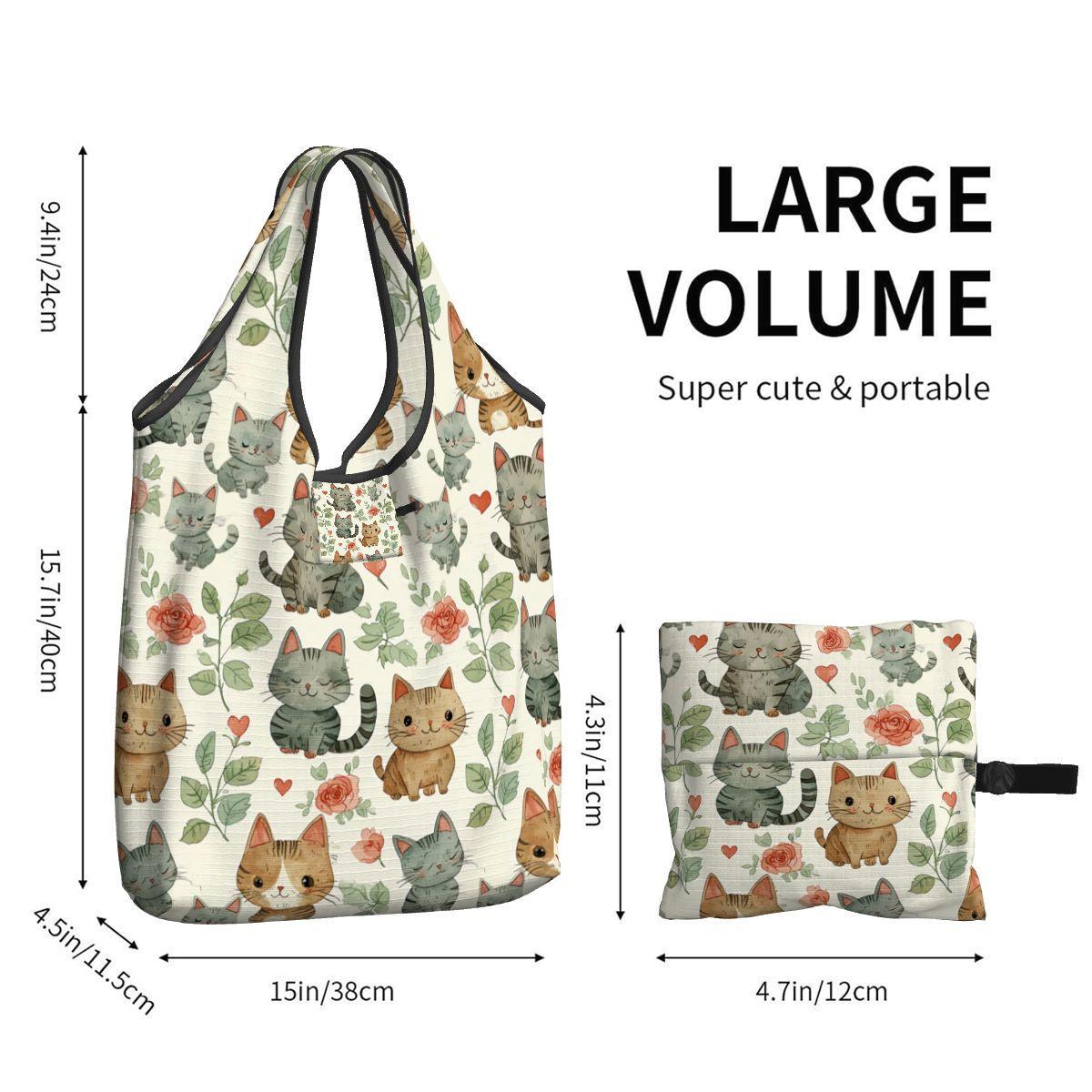 Hearts and Cats Folding Reusable Grocery Bags - Foldable Shopping Totes with Animal Print Design