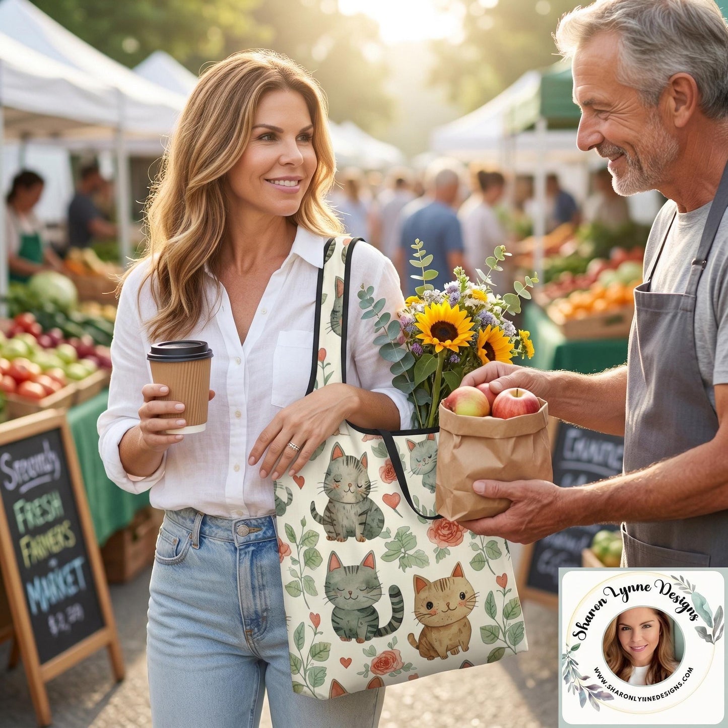 Hearts and Cats Folding Reusable Grocery Bags - Foldable Shopping Totes with Animal Print Design