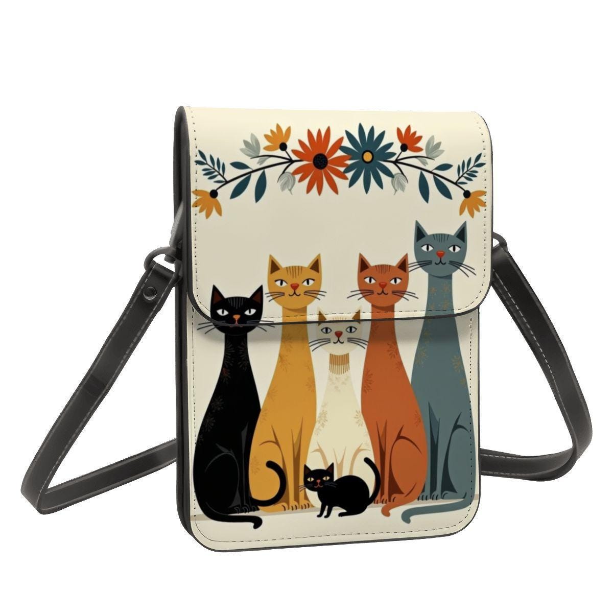Retro Cat Leather Cell Phone Purse with Shoulder Strap - Vintage Crossbody Bag for Women