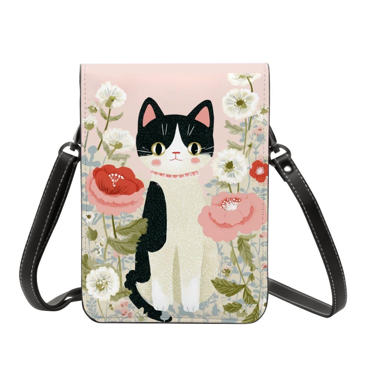 Pink Cat Leather Cell Phone Purse with Crossbody Shoulder Strap - Small Bag Clutch Pouch