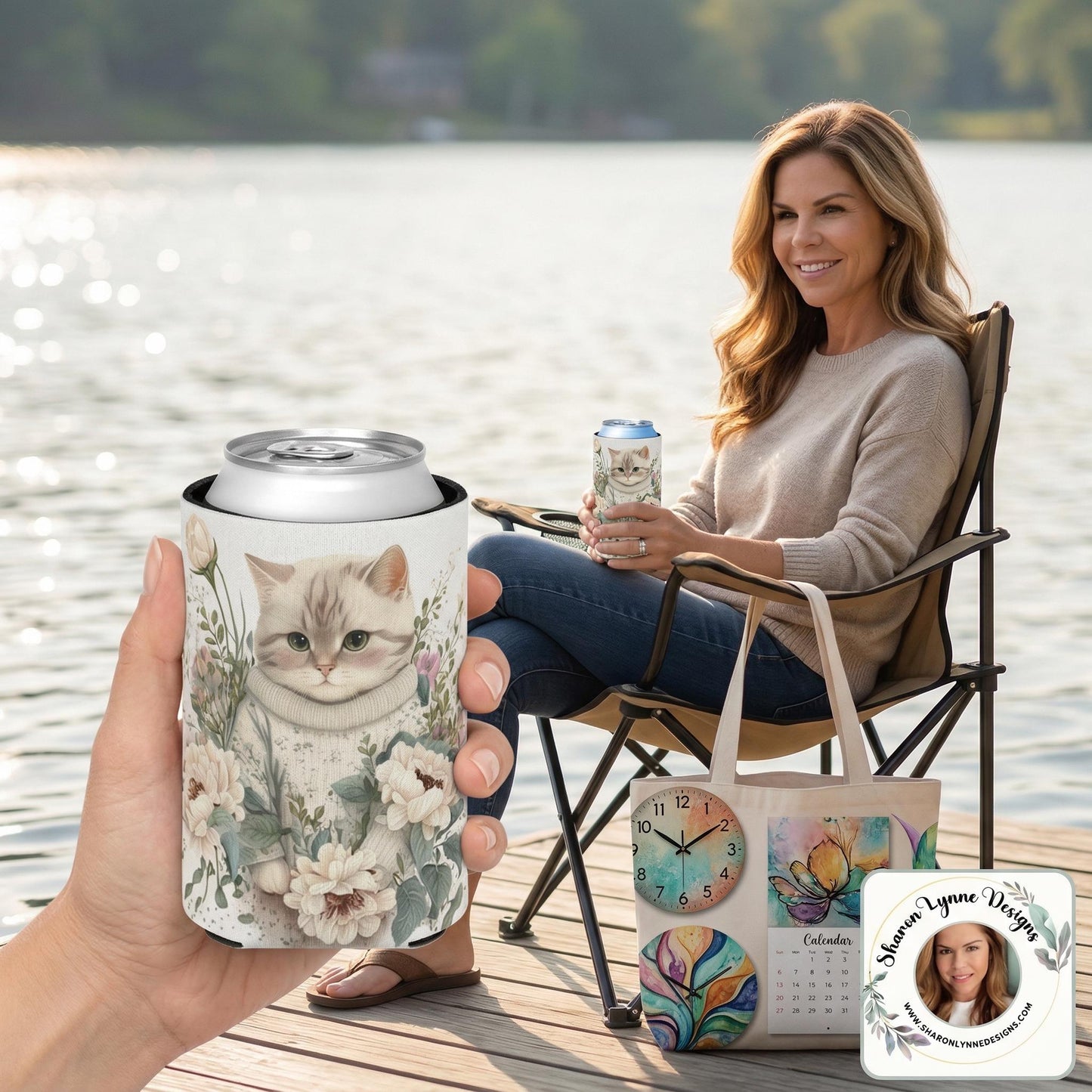 Cat Can Cooler with Floral Design, Insulated Polyester Sleeve for Drinks
