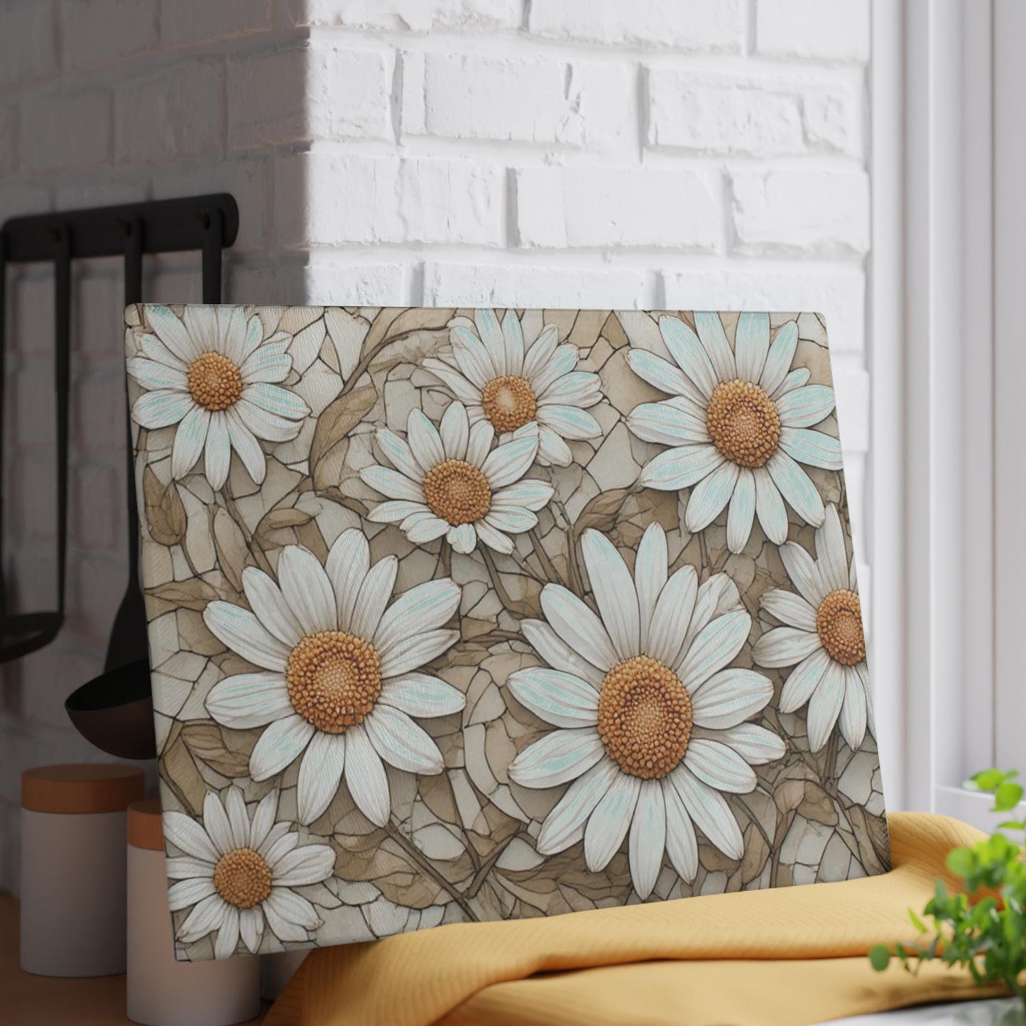 White Daisy Floral Glass Cutting Board Kitchen Countertop Decor Flower Art