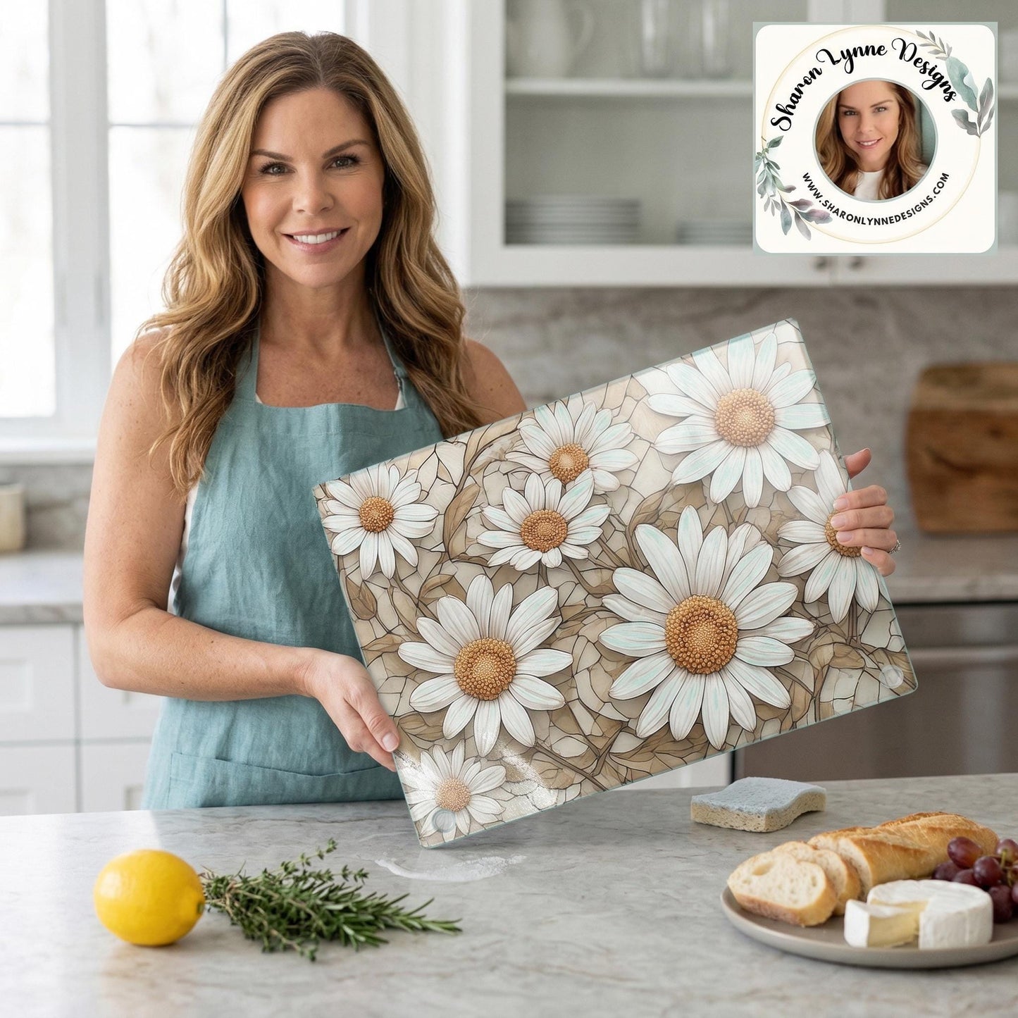 White Daisy Floral Glass Cutting Board Kitchen Countertop Decor Flower Art