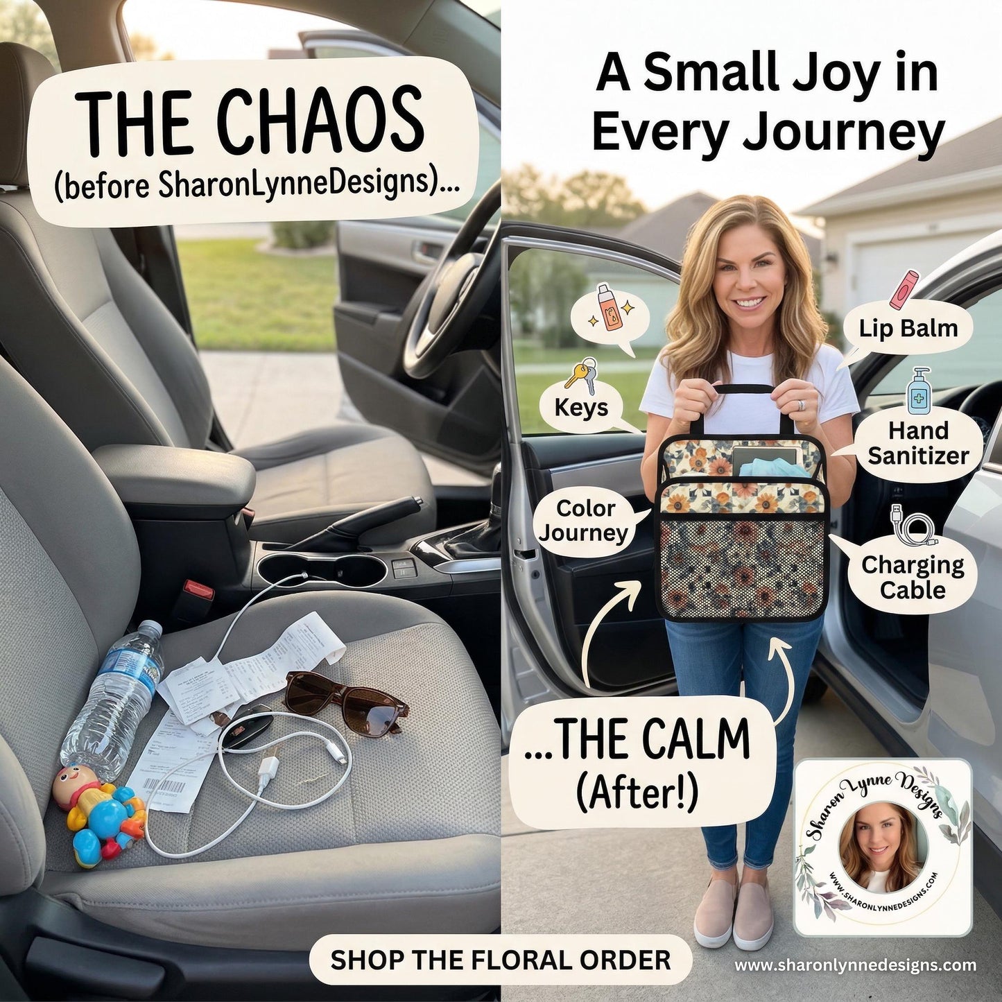 Flower Car Seat Organizer - Floral Auto Storage Caddy for Kids Toys Books Snacks Travel