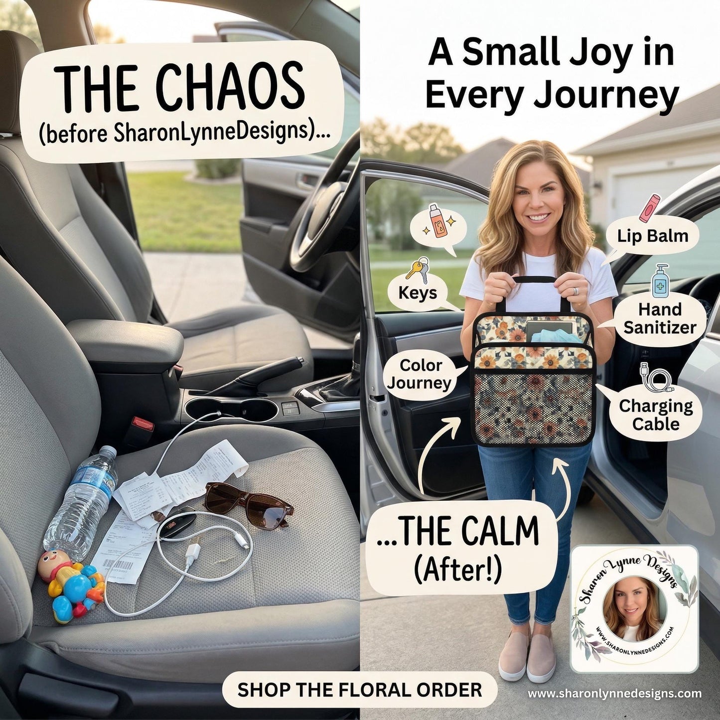 Flower Car Seat Organizer - Floral Auto Storage Caddy for Kids Toys Books Snacks Travel