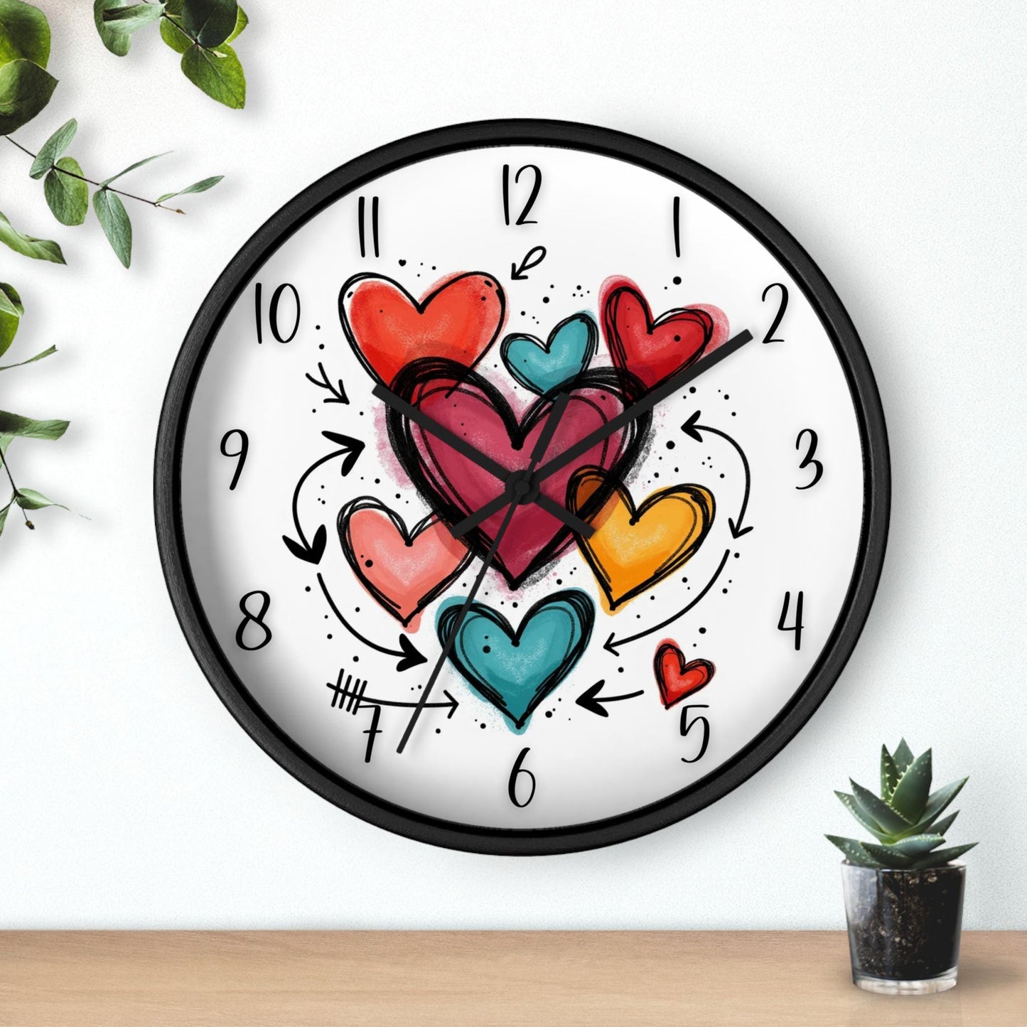 Colorful Hand-Drawn Heart Cluster Wall Clock | Whimsical Timepiece | Romantic Home Decor