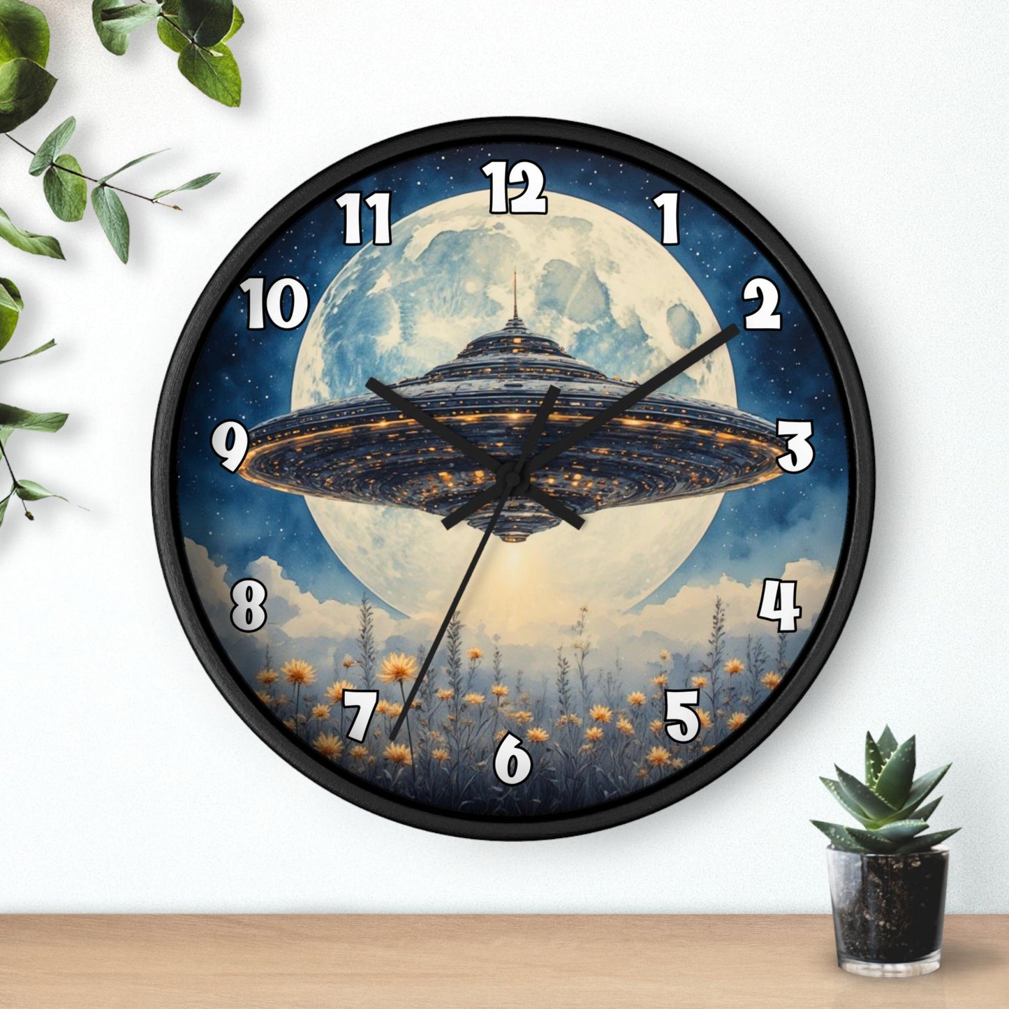UFO Over Moon Wall Clock - Sci Fi Spaceship Moonlight Timepiece Alien Home Decor