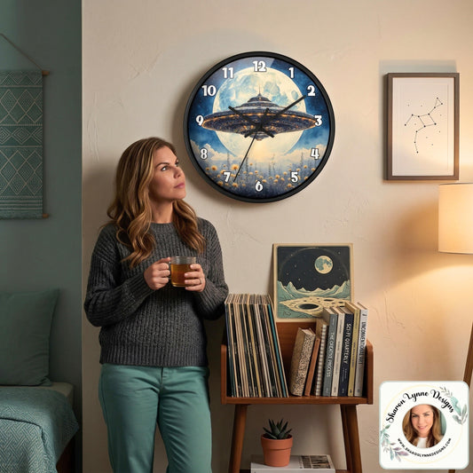 UFO Over Moon Wall Clock - Sci Fi Spaceship Moonlight Timepiece Alien Home Decor