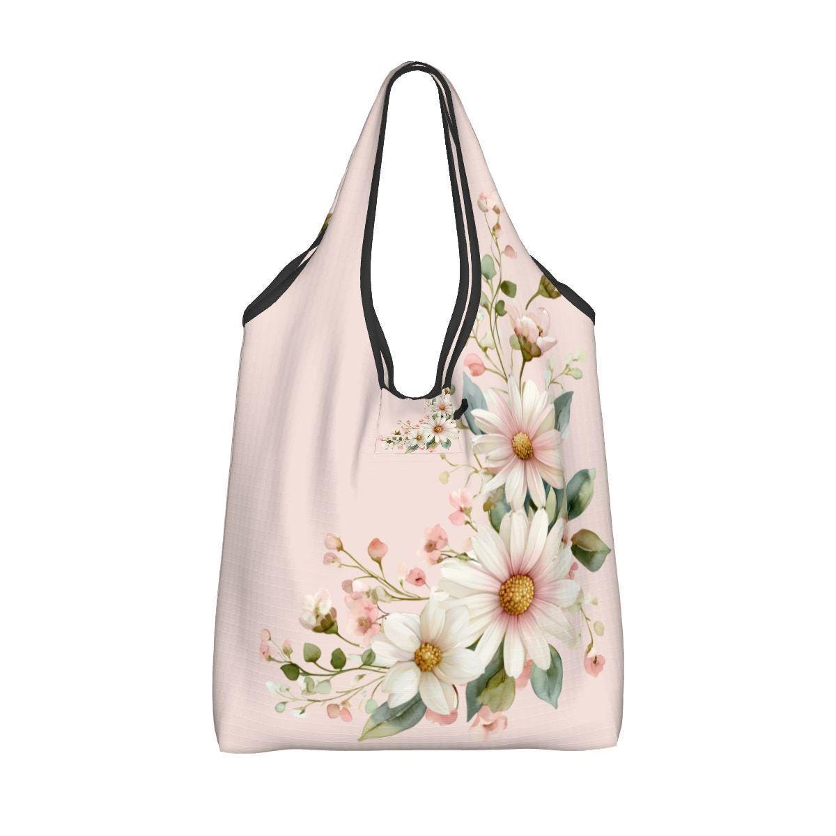 Pink Flower Folding Reusable Grocery Shopping Bags Eco-Friendly Tote Storage Compact