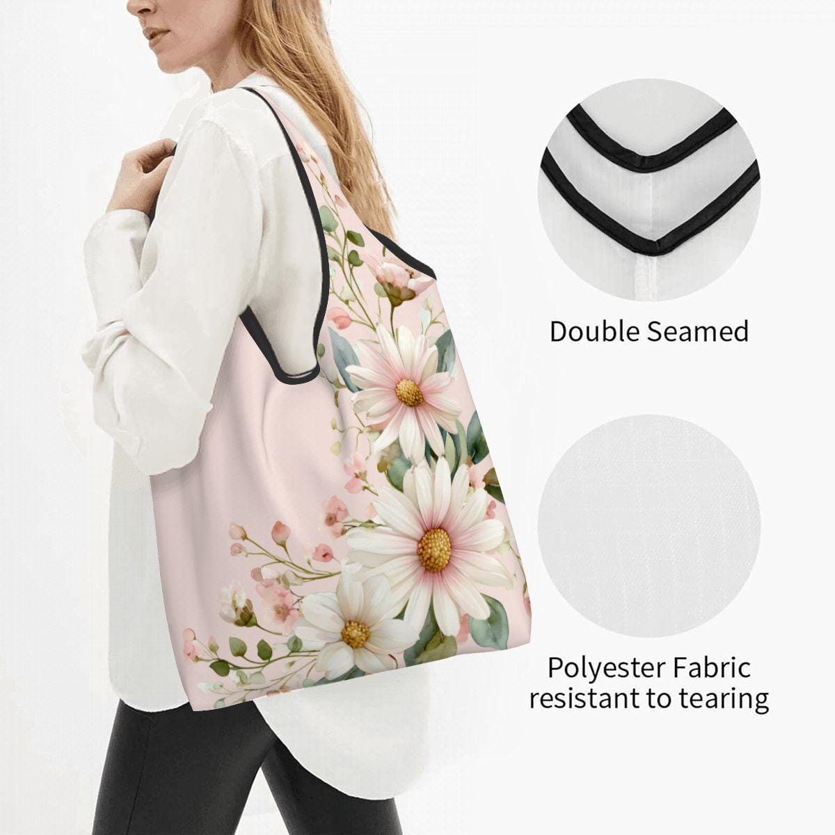 Pink Flower Folding Reusable Grocery Shopping Bags Eco-Friendly Tote Storage Compact