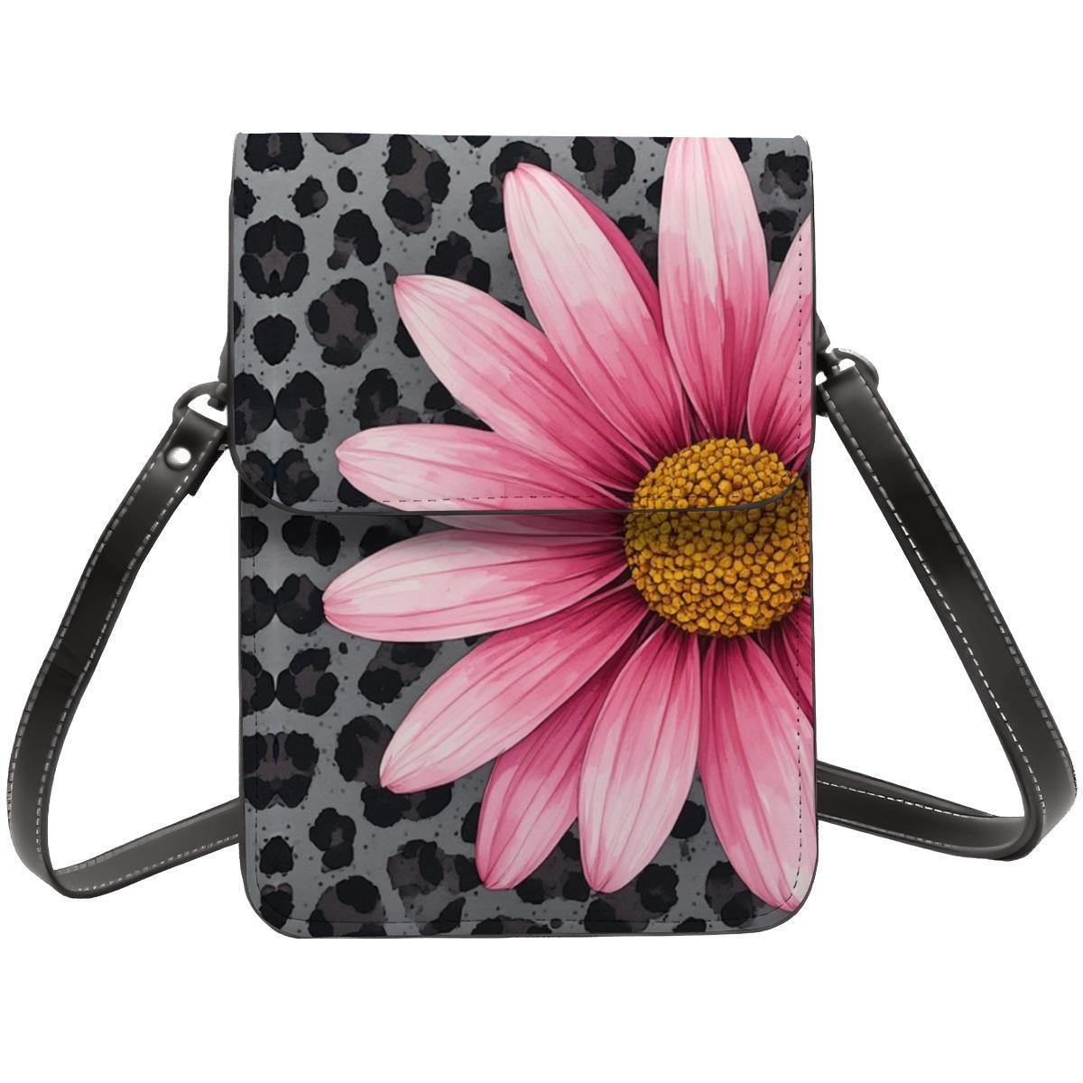 Pink Daisy Leather Cell Phone Crossbody Purse with Shoulder Strap - Small Floral Mobile Bag