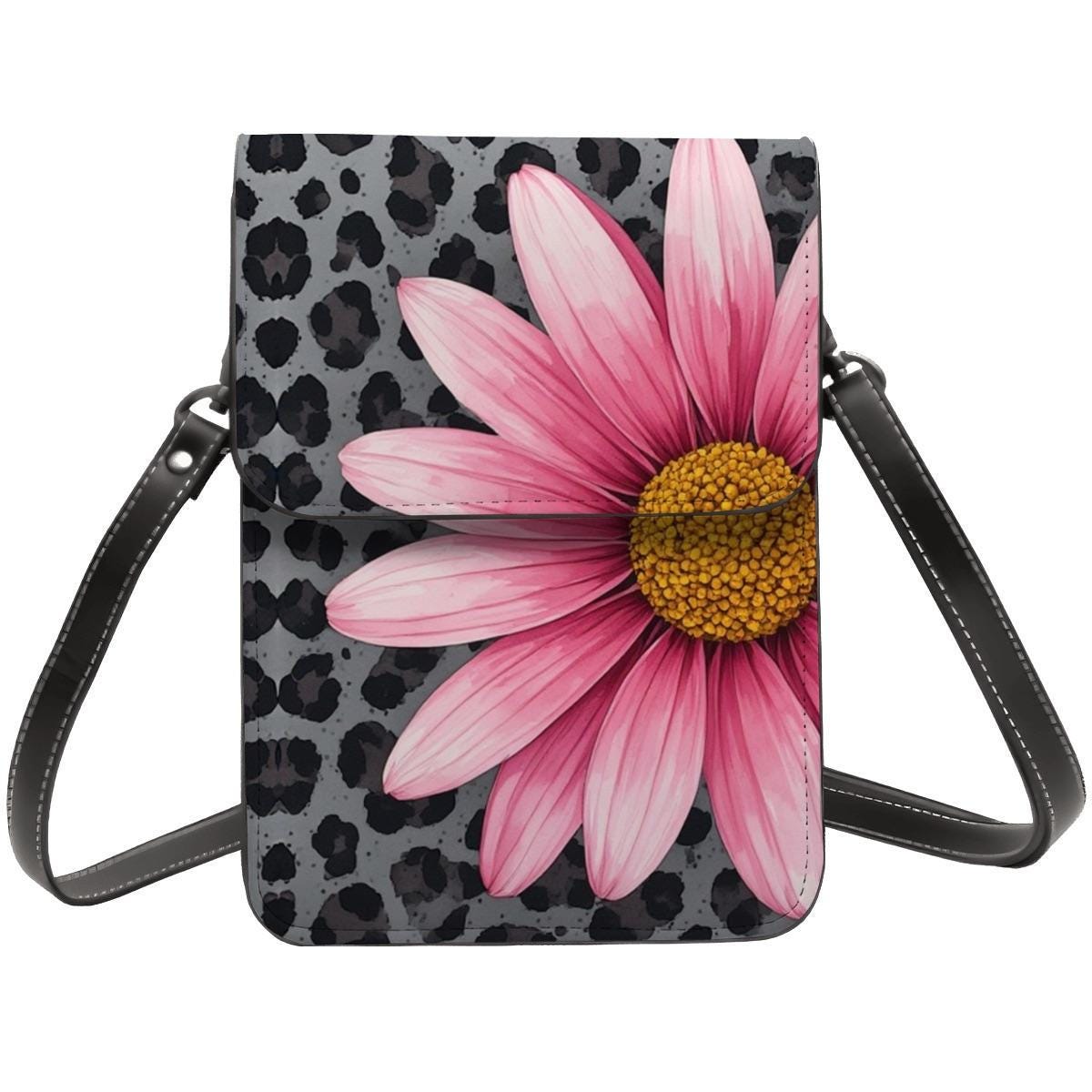 Pink Daisy Leather Cell Phone Crossbody Purse with Shoulder Strap - Small Floral Mobile Bag