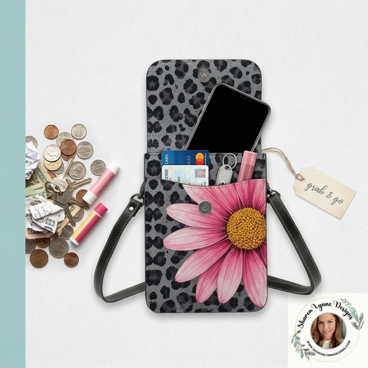 Pink Daisy Leather Cell Phone Crossbody Purse with Shoulder Strap - Small Floral Mobile Bag