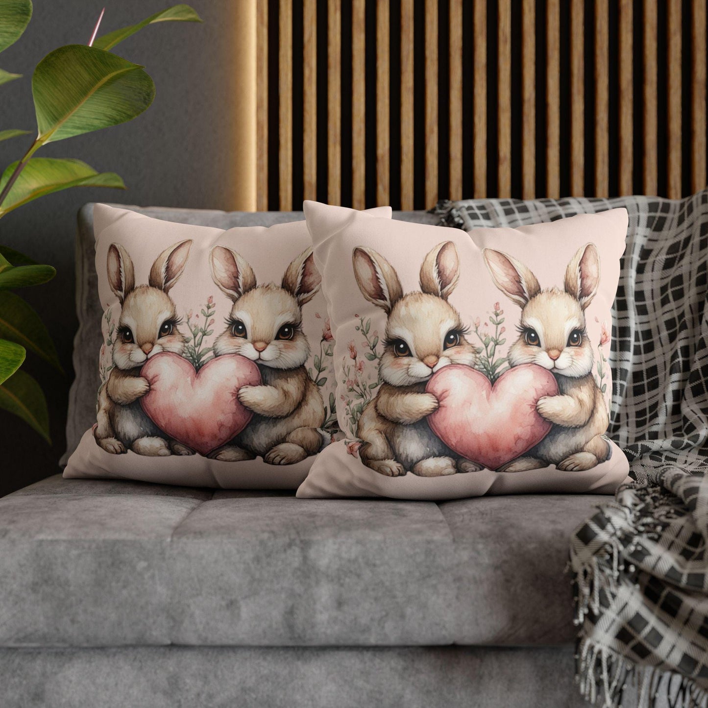Easter Bunny Heart Faux Suede Square Pillowcase - Spring Holiday Decor Throw Pillow Cover