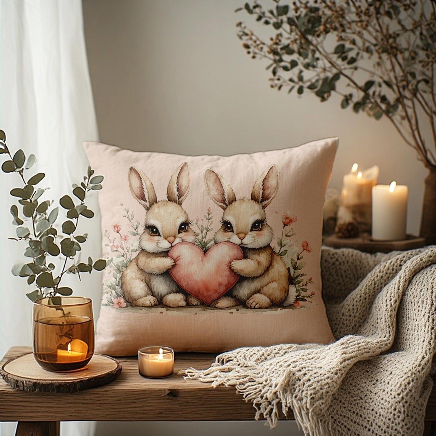 Easter Bunny Heart Faux Suede Square Pillowcase - Spring Holiday Decor Throw Pillow Cover