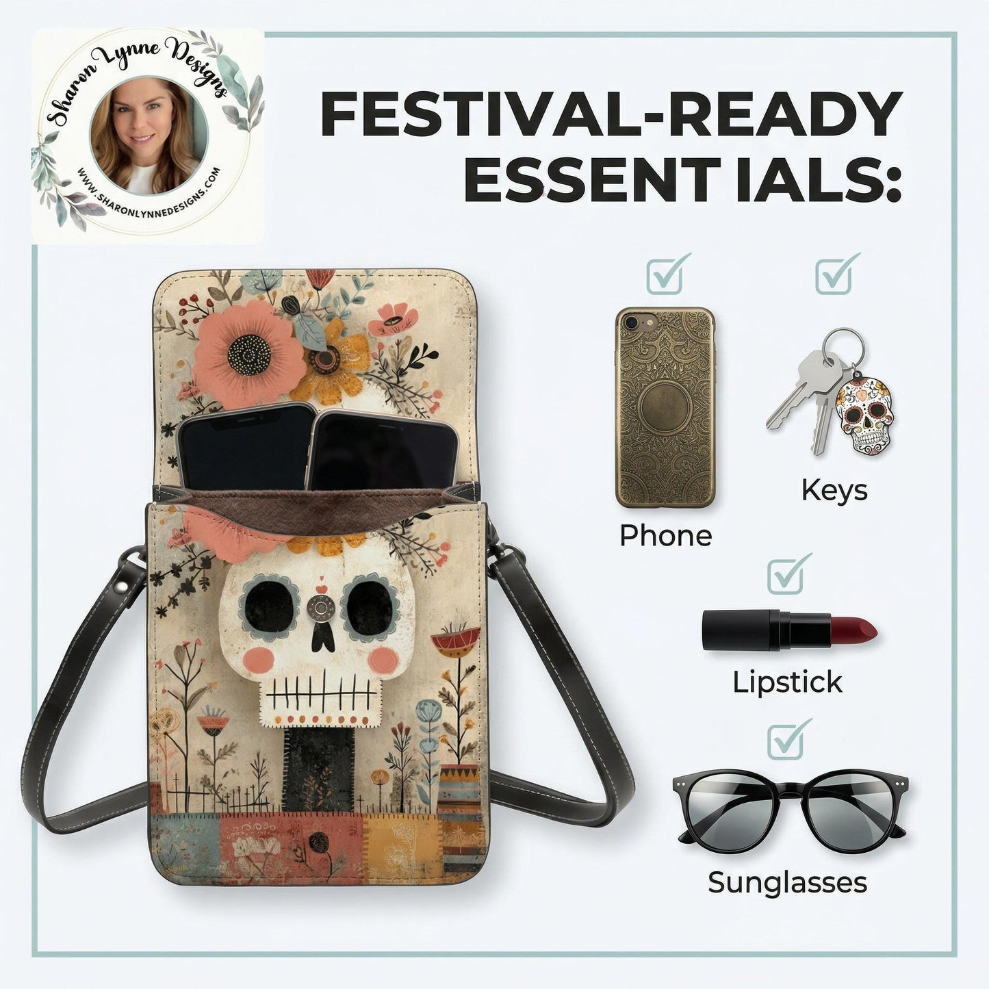 Sugar Skull Leather Cell Phone Crossbody Purse with Adjustable Shoulder Strap