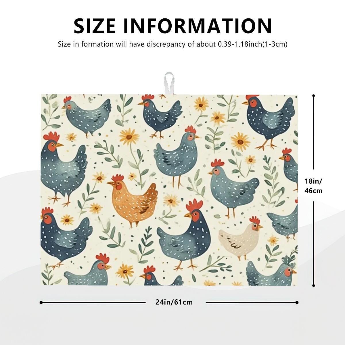Chicken Large Dish Drying Mat Kitchen Microfiber Absorbent Counter Protector Farm Animal Decor