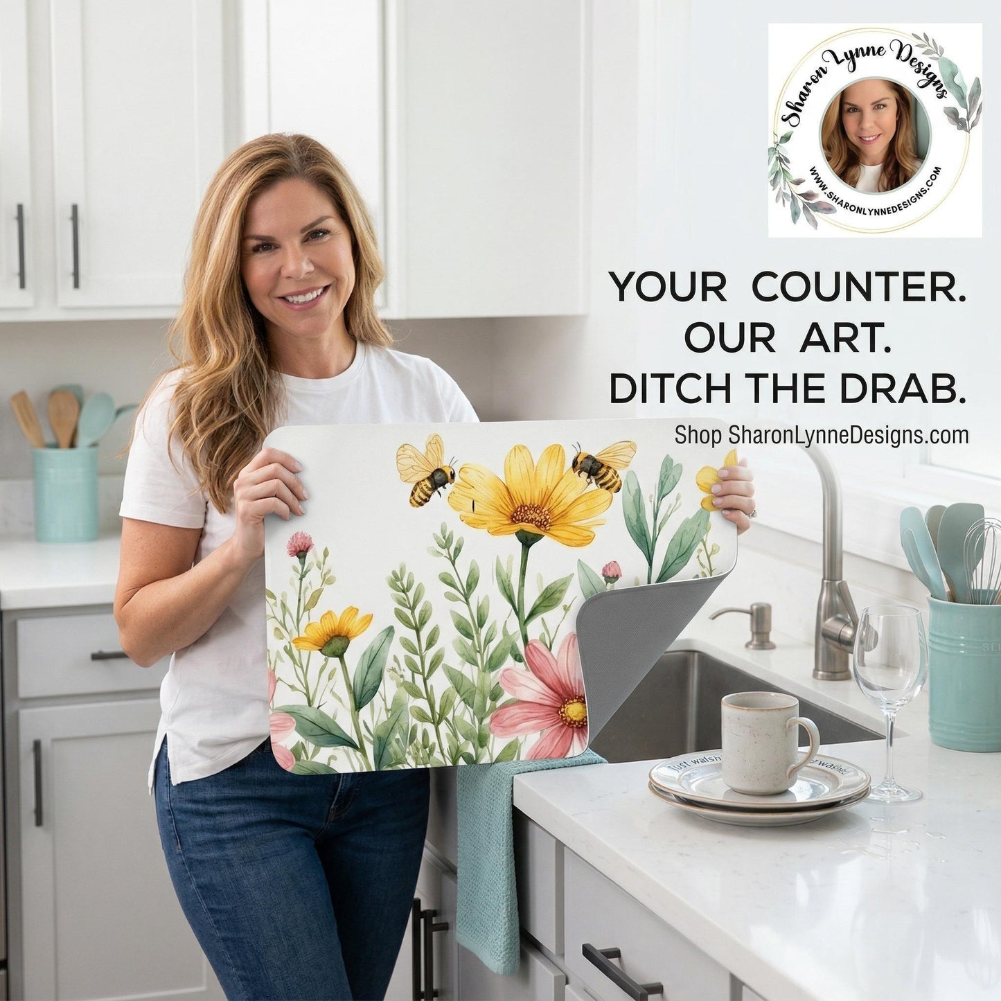 Flower Large Dish Drying Mat - Kitchen Absorbent Counter Protection Floral Design
