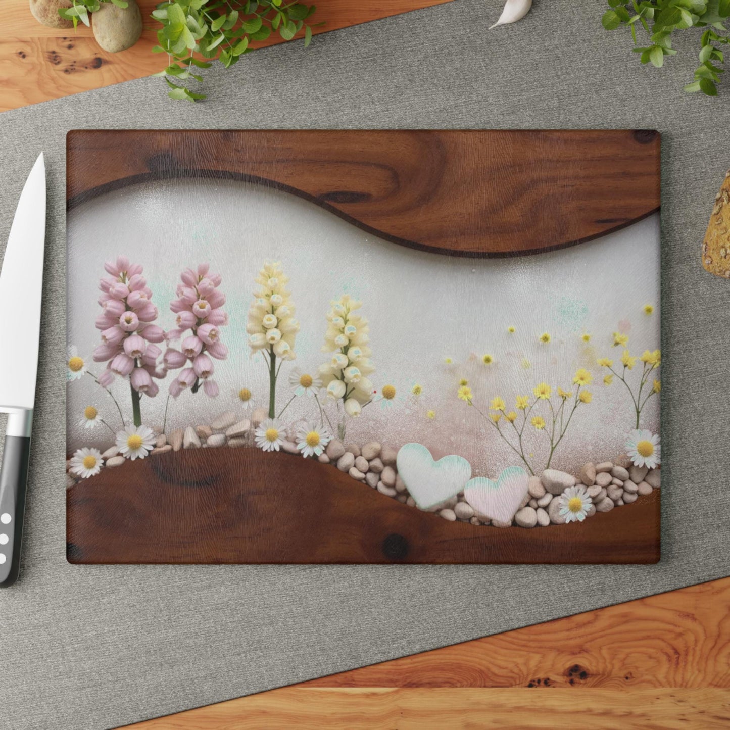 Pastel Wildflower Hearts Glass Cutting Board | Floral Kitchen Decor Gift for Mom Bridal Shower