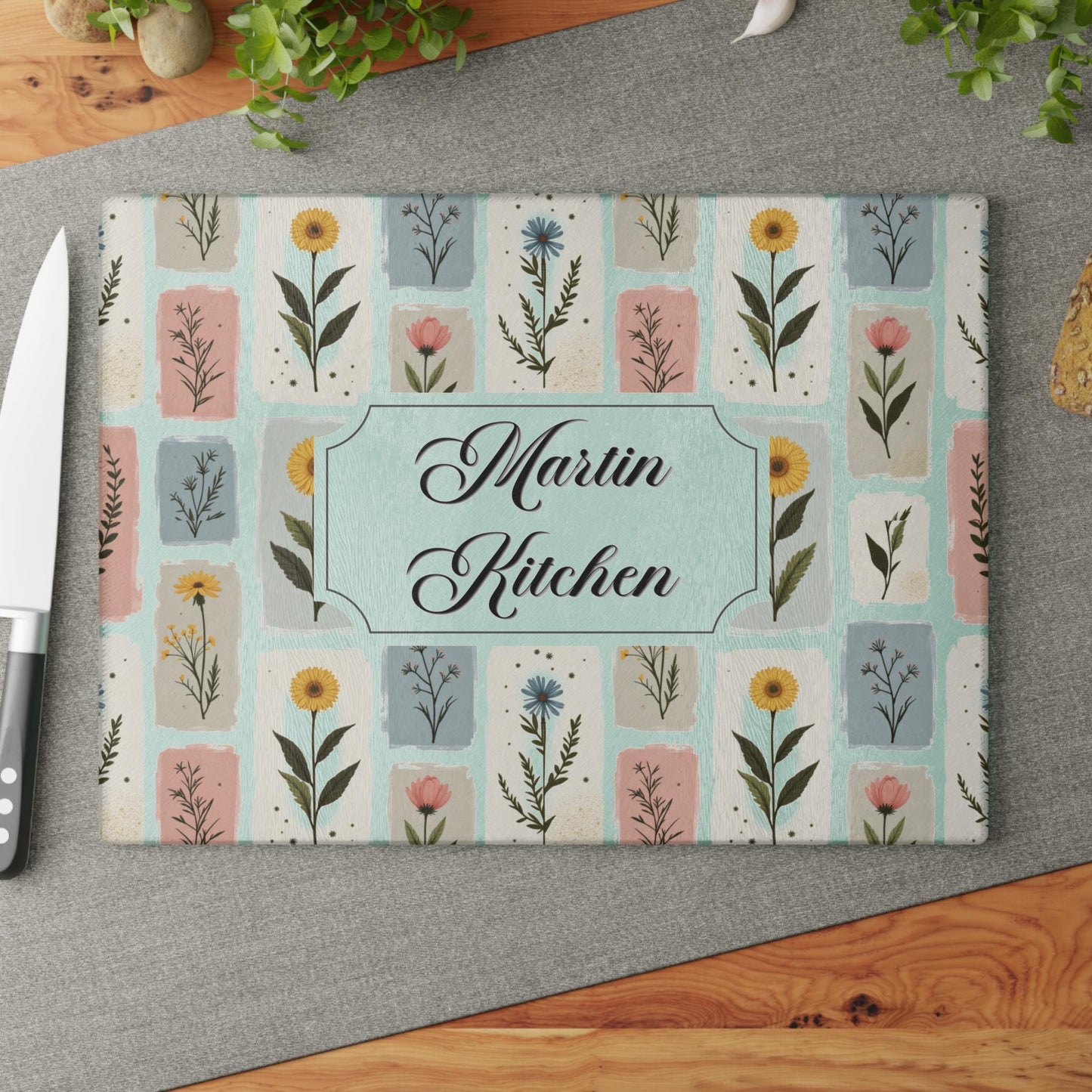 Personalized Tempered Glass Cutting Board | Custom Floral Kitchen Decor