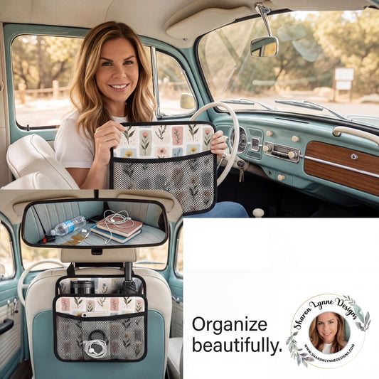 Floral Art Car Seat Organizer - Stylish Vehicle Storage Caddy for Travel Accessories
