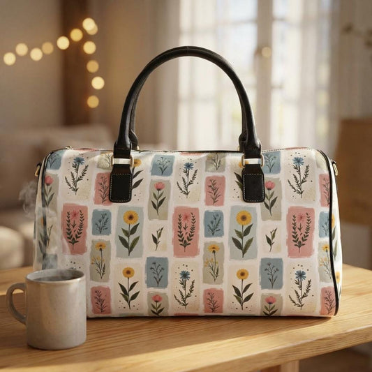 Floral Leather Travel Bag Women Boho Weekend Duffel Weekender Gift Carry-On Vintage Overnight