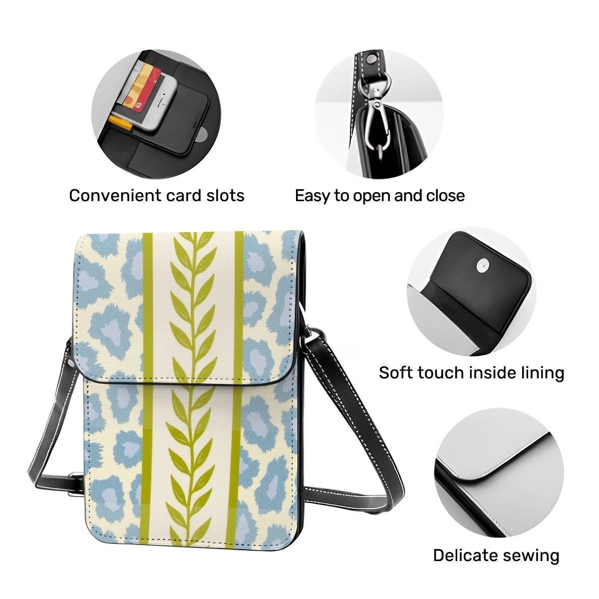 Green Blue PU Leather Phone Bag Crossbody Purse Small Handbag Mobile Device Pouch