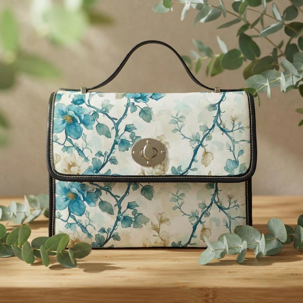 Blue Floral Branches Waterproof Canvas Tote Bag | Garden Handbag Beach Summer Everyday Boho