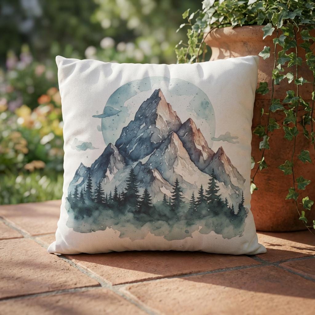 Watercolor Mountain Landscape Faux Suede Square Pillowcase | Rustic Home Decor Throw Pillow Cover
