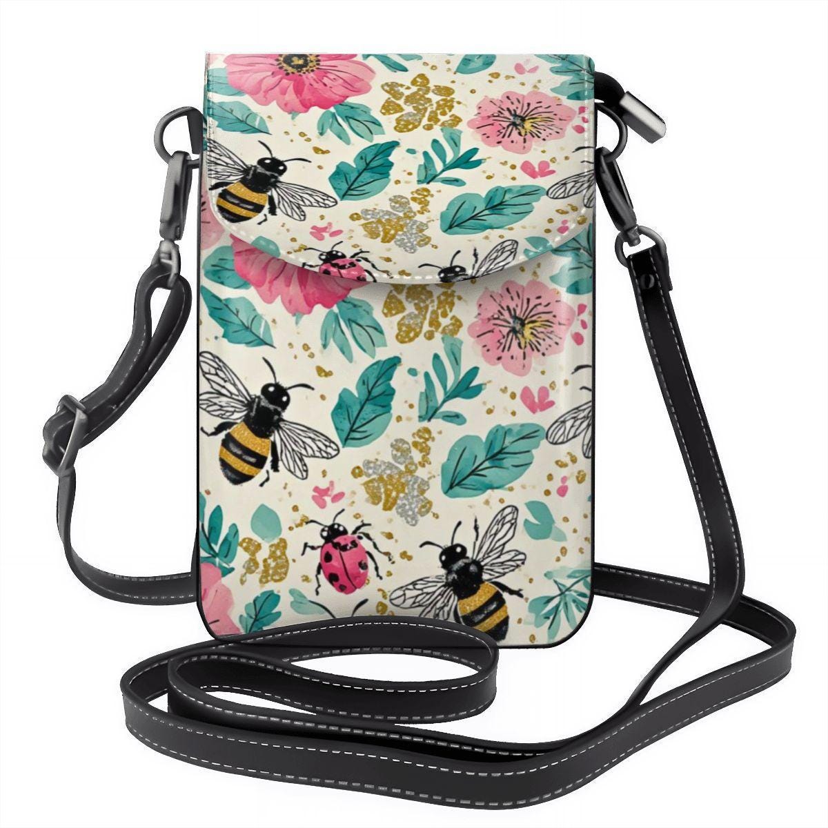 Floral Bee Crossbody Cell Phone Purse – Women's Small PU Leather Handbag