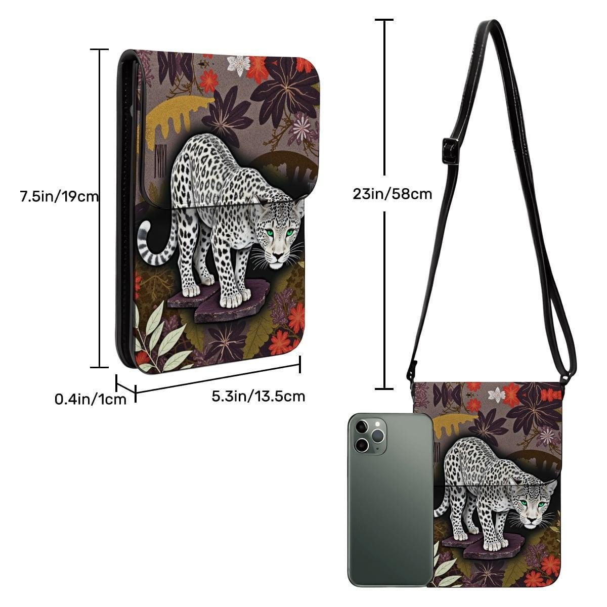 White Leopard Leather Cell Phone Crossbody Purse with Adjustable Shoulder Strap