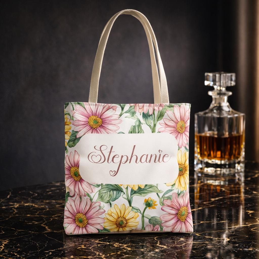 Custom Daisy Floral All-Over Print Personalized Name Tote Bag Summer Beach Bridesmaid Gift