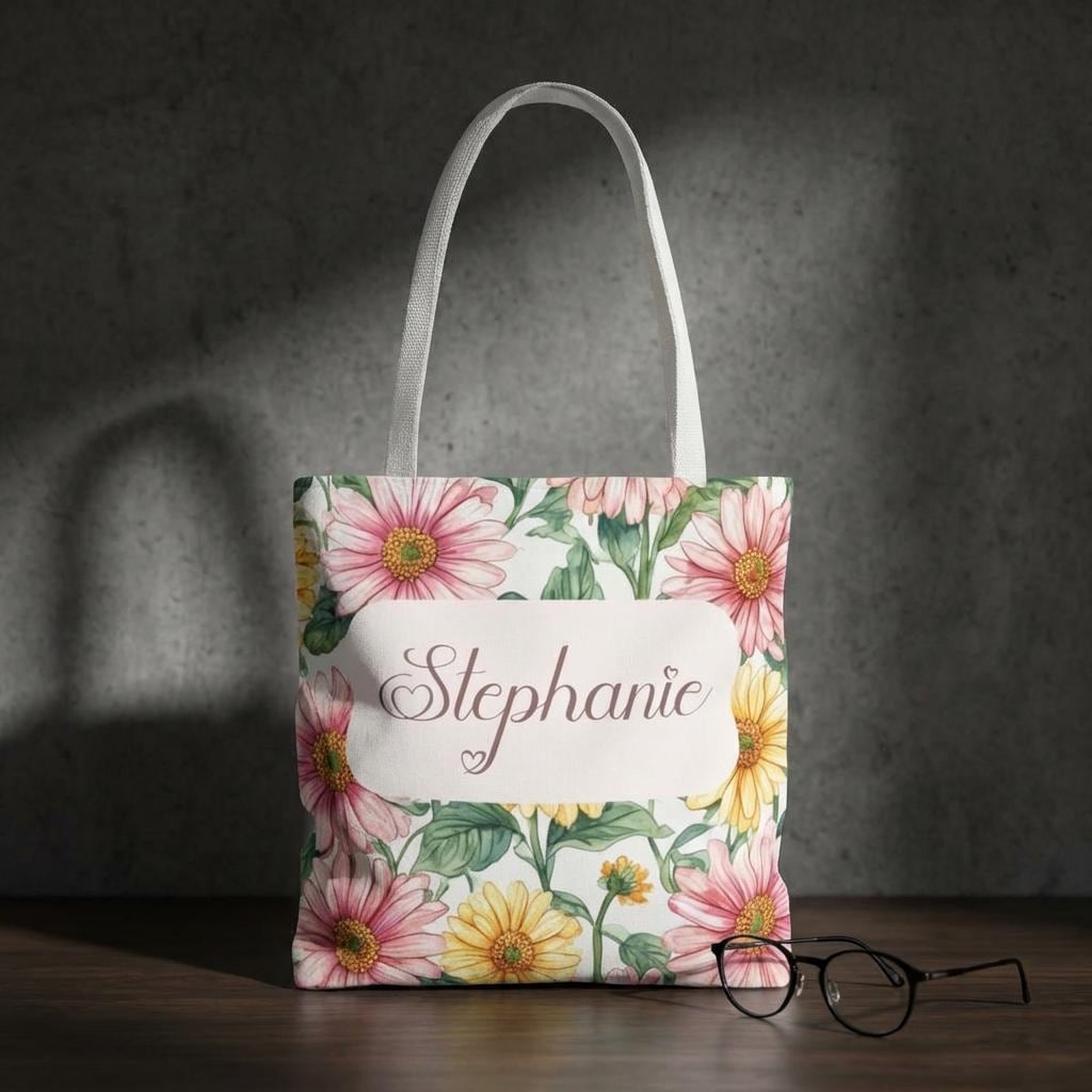 Custom Daisy Floral All-Over Print Personalized Name Tote Bag Summer Beach Bridesmaid Gift